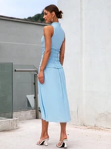 Sollinarry Đầm viền lá sen Dải chun Nút phía trước màu trơn Giải trí - Màu xanh lam - Xem 2