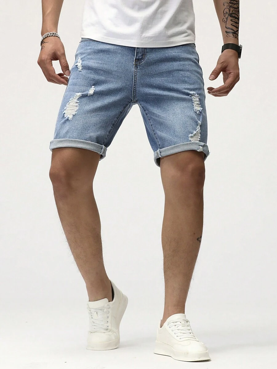 Manfinity LEGND Hombres Shorts en mezclilla algodón desgarro crudo - Lavado ligero - Ver 1