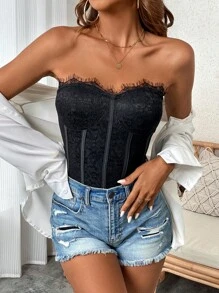 Zolique Áo liền quần ôm nữ Tương phản ren màu trơn Giải trí - màu đen - Xem 1