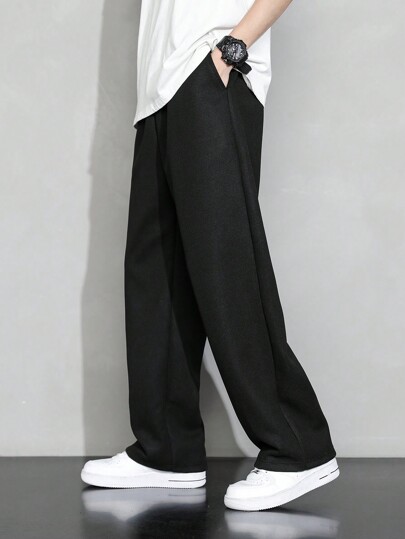 Men's Casual Waffle Textured Lightweight Loose Fit Solid Color Pants, Versatile For Spring/Summer