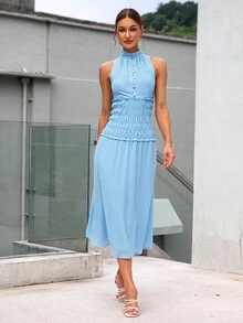 Sollinarry Đầm viền lá sen Dải chun Nút phía trước màu trơn Giải trí - Màu xanh lam - Xem 4