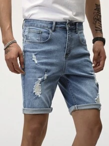 Manfinity LEGND Hombres Shorts en mezclilla algodón desgarro crudo - Lavado ligero - Ver 3