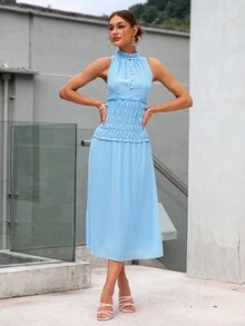 Sollinarry Đầm viền lá sen Dải chun Nút phía trước màu trơn Giải trí - Màu xanh lam - Xem 5