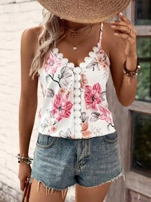 SHEIN LUNE Floral Print Guipure Lace Trim Cami Top - White - View 1