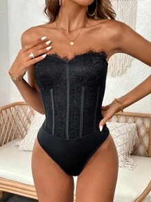 Zolique Áo liền quần ôm nữ Tương phản ren màu trơn Giải trí - màu đen - Xem 4