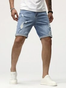 Manfinity LEGND Hombres Shorts en mezclilla algodón desgarro crudo - Lavado ligero - Ver 5