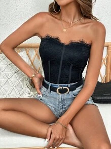 Zolique Áo liền quần ôm nữ Tương phản ren màu trơn Giải trí - màu đen - Xem 5