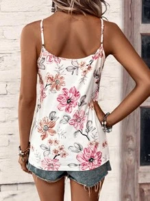 SHEIN LUNE Floral Print Guipure Lace Trim Cami Top - White - View 2