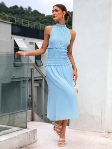 Sollinarry Đầm viền lá sen Dải chun Nút phía trước màu trơn Giải trí - Màu xanh lam - Xem 7