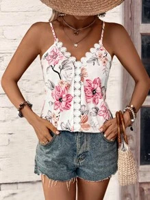 SHEIN LUNE Floral Print Guipure Lace Trim Cami Top - White - View 3