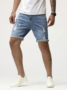 Manfinity LEGND Hombres Shorts en mezclilla algodón desgarro crudo - Lavado ligero - Ver 6