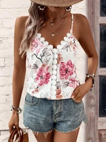 SHEIN LUNE Floral Print Guipure Lace Trim Cami Top - White - View 4