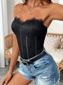 Zolique Áo liền quần ôm nữ Tương phản ren màu trơn Giải trí - màu đen - Xem 7