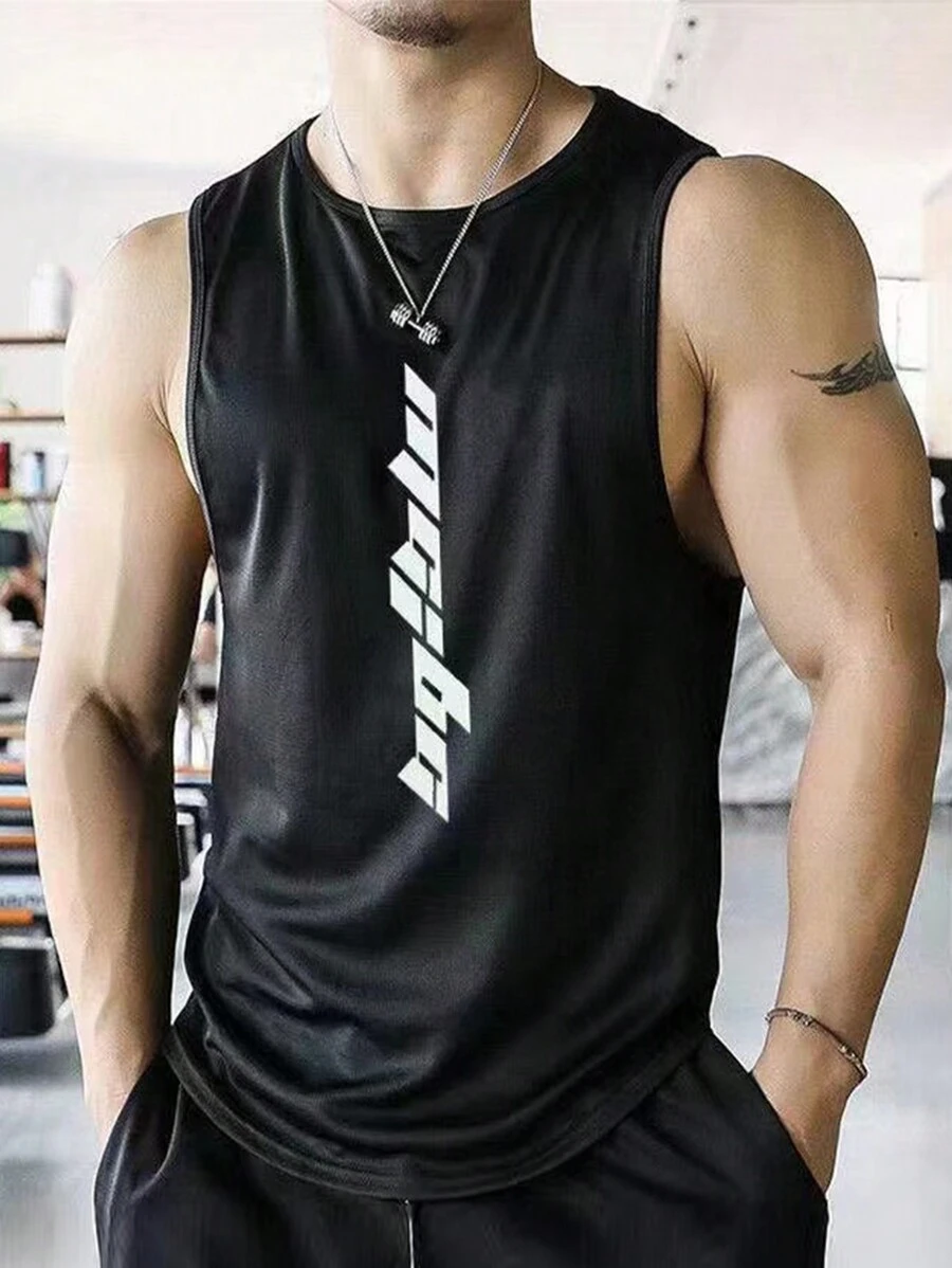 Manfinity Sport Corelite 男士字母圖案運動背心 - 黑色 - 查看 1