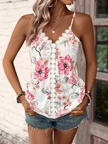 SHEIN LUNE Floral Print Guipure Lace Trim Cami Top - White - View 7