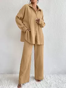 SHEIN LUNE 落肩袖襯衫和闊腿褲 - 卡其色 - 查看 1