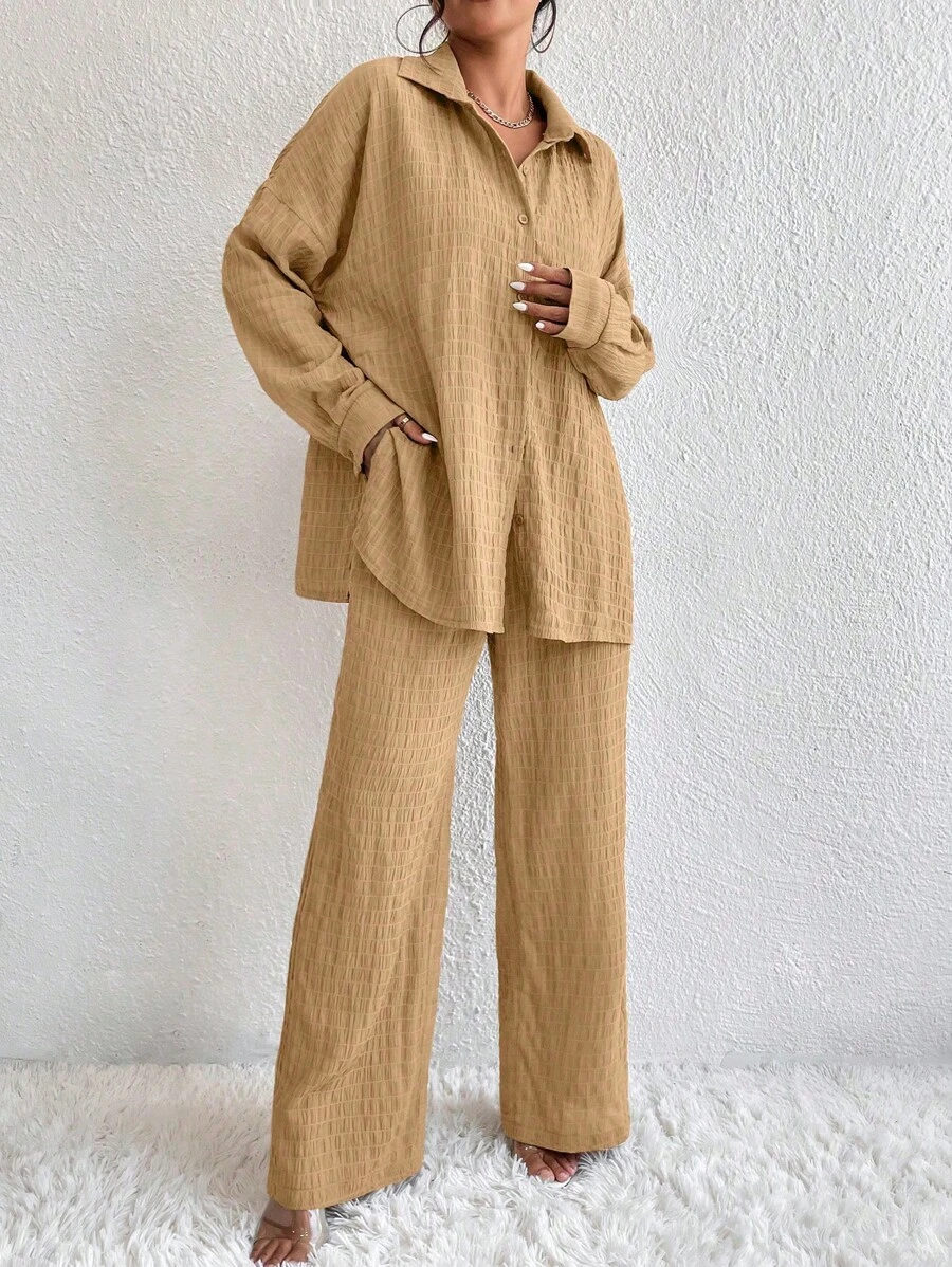 SHEIN LUNE 落肩袖襯衫和闊腿褲 - 卡其色 - 查看 1