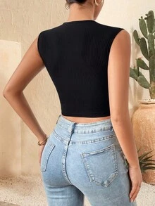 Áo khoác và áo lót dành cho xe tăng nữ Gân đan Nút giả màu trơn Giải trí - màu đen - Xem 2