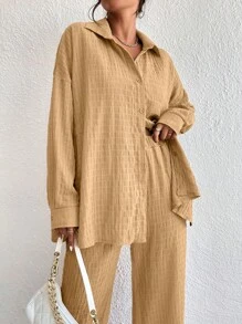 SHEIN LUNE 落肩袖襯衫和闊腿褲 - 卡其色 - 查看 3