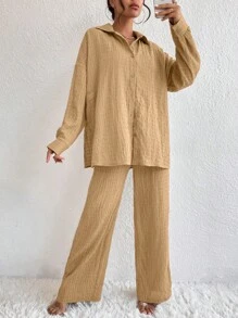 SHEIN LUNE 落肩袖襯衫和闊腿褲 - 卡其色 - 查看 5