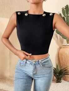 Áo khoác và áo lót dành cho xe tăng nữ Gân đan Nút giả màu trơn Giải trí - màu đen - Xem 6