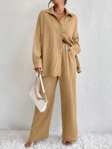 SHEIN LUNE 落肩袖襯衫和闊腿褲 - 卡其色 - 查看 6