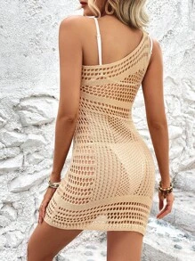Hollow Out One Shoulder Crochet Cover Up Dress Without Bikini Set - Khaki - View 2
