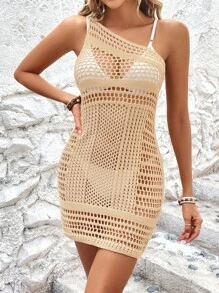 Hollow Out One Shoulder Crochet Cover Up Dress Without Bikini Set - Khaki - View 3
