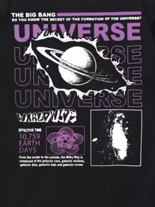 ROMWE MEN Street Life Spring/Summer Casual Graphic Men Cotton Planet & Slogan Graphic Tee - Black - View 4