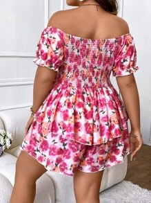 SHEIN Holidaya Talla grande Mono con estampado floral de hombros descubiertos de manga farol - Multicolor - Ver 2