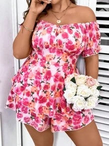 SHEIN Holidaya Talla grande Mono con estampado floral de hombros descubiertos de manga farol - Multicolor - Ver 5