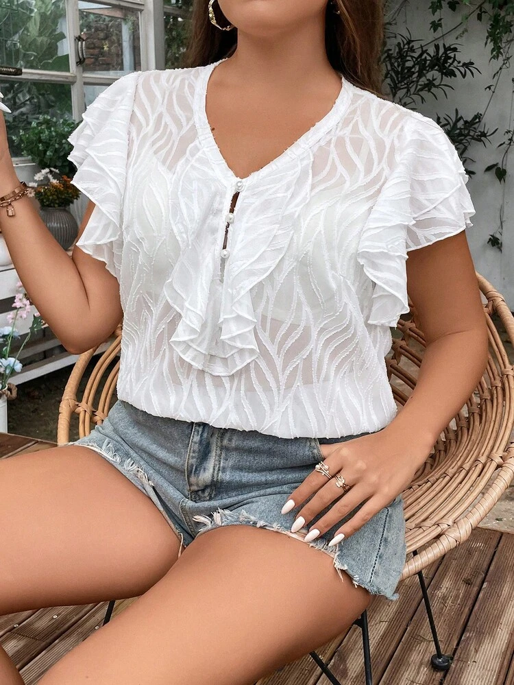 SHEIN Franclia Plus Blouse À Volants Manches Papillon À Bouton - Blanc - Voir 5