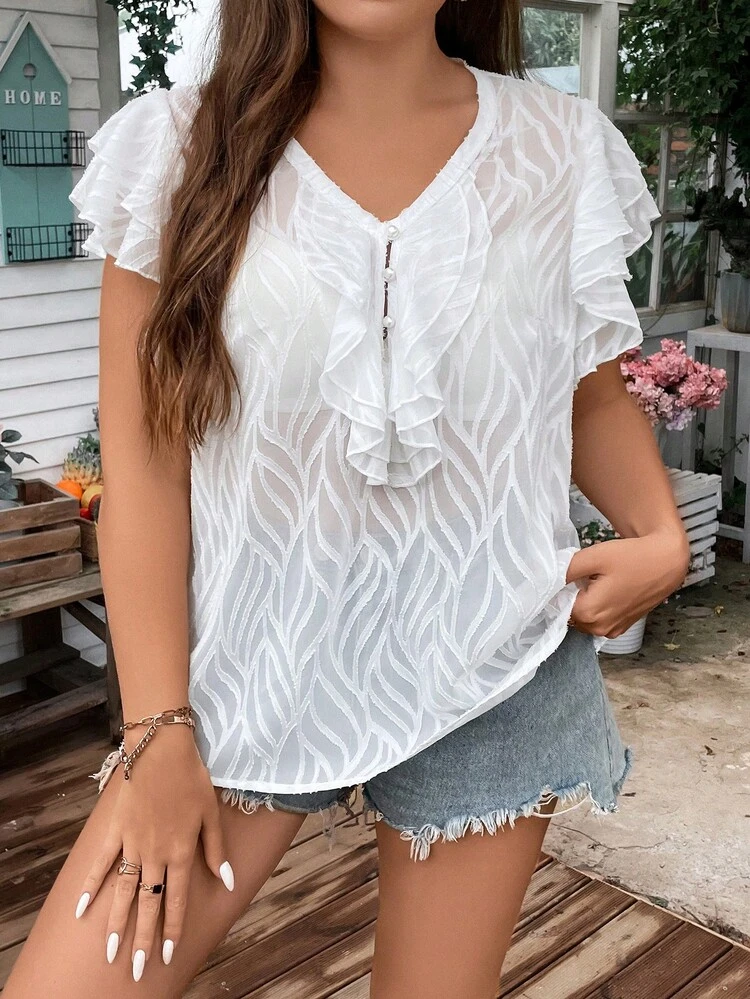 SHEIN Franclia Plus Blouse À Volants Manches Papillon À Bouton - Blanc - Voir 6