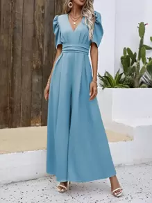 SHEIN VCAY Puff Sleeve Wide Leg Jumpsuit - Baby Blue - View 1