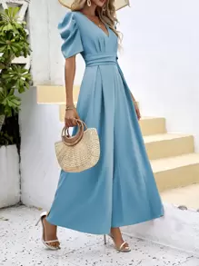 SHEIN VCAY Puff Sleeve Wide Leg Jumpsuit - Baby Blue - View 3