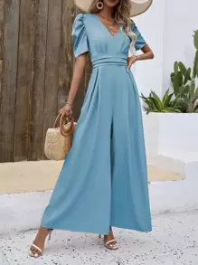 SHEIN VCAY Puff Sleeve Wide Leg Jumpsuit - Baby Blue - View 4