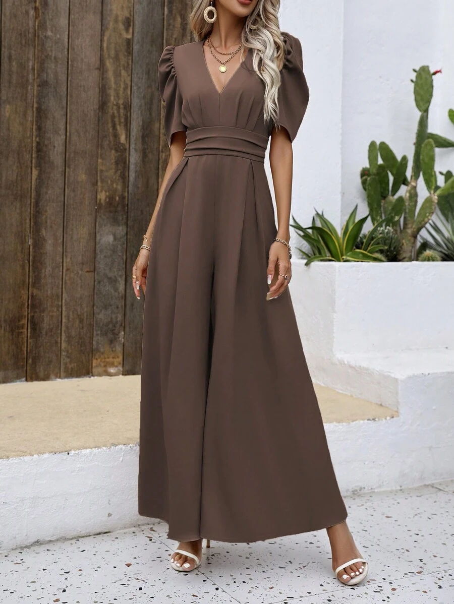 SHEIN VCAY Áo liền quần nữ Xù Dây kéo màu trơn Thanh lịch - màu nâu - Xem 1