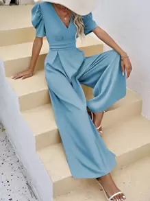 SHEIN VCAY Puff Sleeve Wide Leg Jumpsuit - Baby Blue - View 5