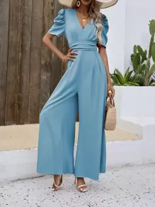 SHEIN VCAY Puff Sleeve Wide Leg Jumpsuit - Baby Blue - View 6