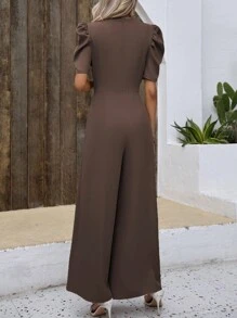 SHEIN VCAY Áo liền quần nữ Xù Dây kéo màu trơn Thanh lịch - màu nâu - Xem 2