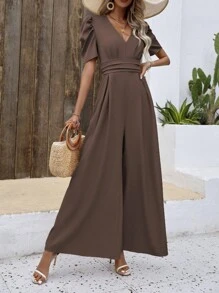 SHEIN VCAY Áo liền quần nữ Xù Dây kéo màu trơn Thanh lịch - màu nâu - Xem 3