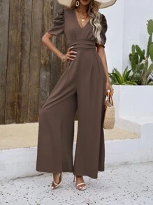 SHEIN VCAY Áo liền quần nữ Xù Dây kéo màu trơn Thanh lịch - màu nâu - Xem 4