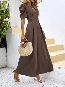 SHEIN VCAY Áo liền quần nữ Xù Dây kéo màu trơn Thanh lịch - màu nâu - Xem 6