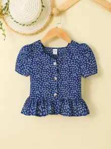 SHEIN Leap Crew 年輕女孩迷你花卉印花泡泡袖荷葉邊上衣