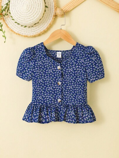 SHEIN Leap Crew Young Girl Ditsy Floral Print Puff Sleeve Ruffle Hem Blouse