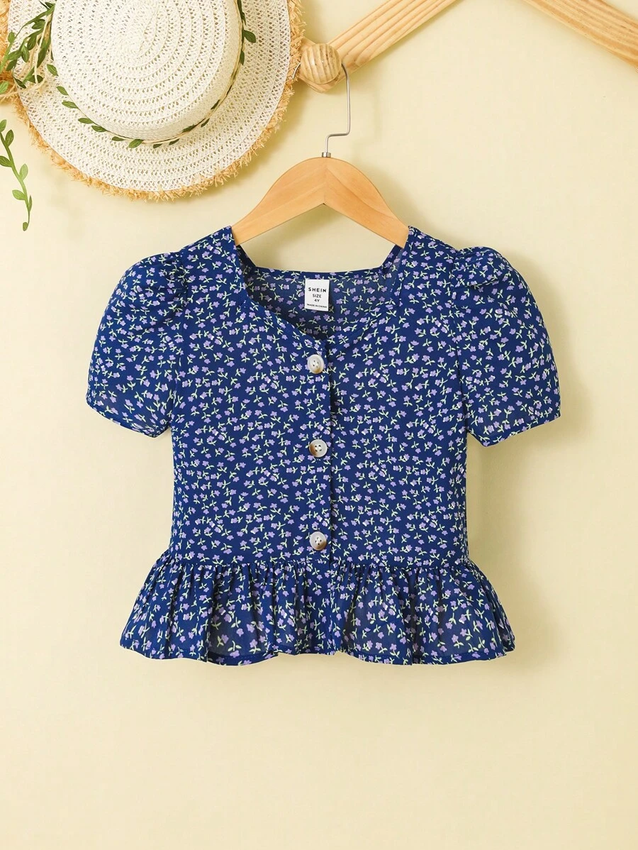 SHEIN Leap Crew 年輕女孩迷你花卉印花泡泡袖荷葉邊上衣