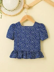 SHEIN Leap Crew 年輕女孩迷你花卉印花泡泡袖荷葉邊上衣