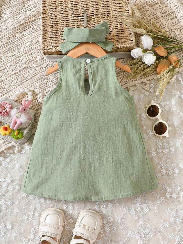 SHEIN Vintaside Kids Baby Girl Floral Embroidery Dual Pocket Dress - Mint Green - View 2