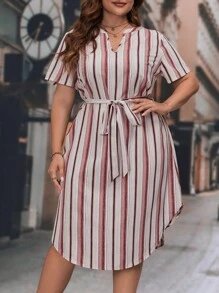 SHEIN LUNE 大碼條紋印花缺口領繫腰帶連衣裙 - 彩色 - 查看 5