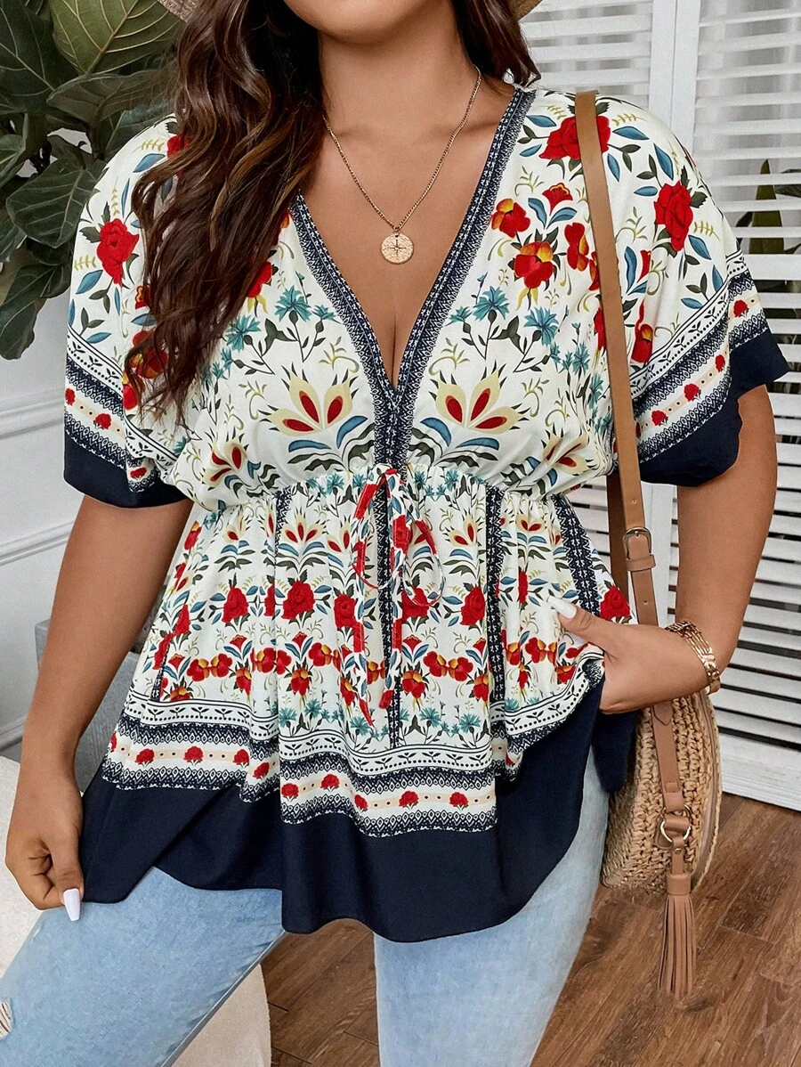 Breezaya 大碼印花蝙蝠袖前打結荷葉邊下擺襯衫 - 彩色 - 查看 1